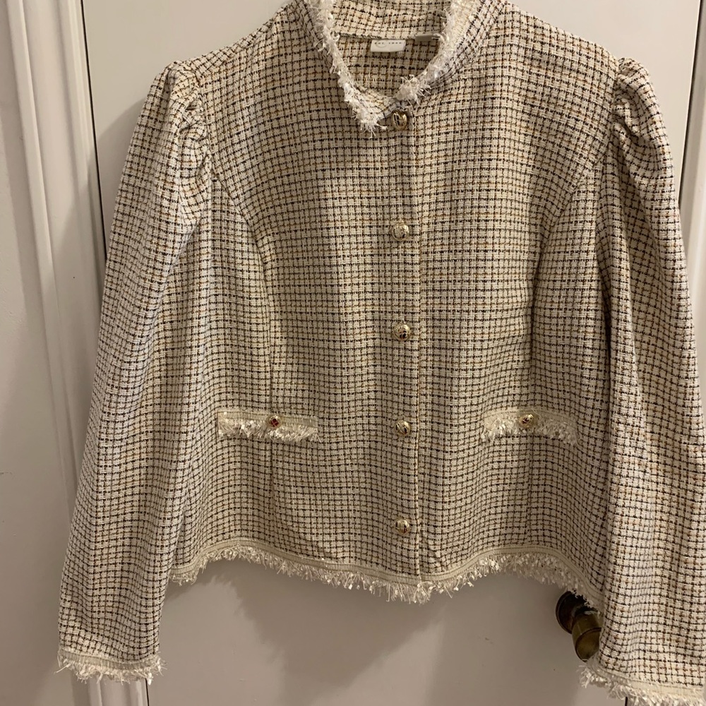 Tweed jacket, puff sleeves, gold buttons, fringe trim, beige & brown 18/20